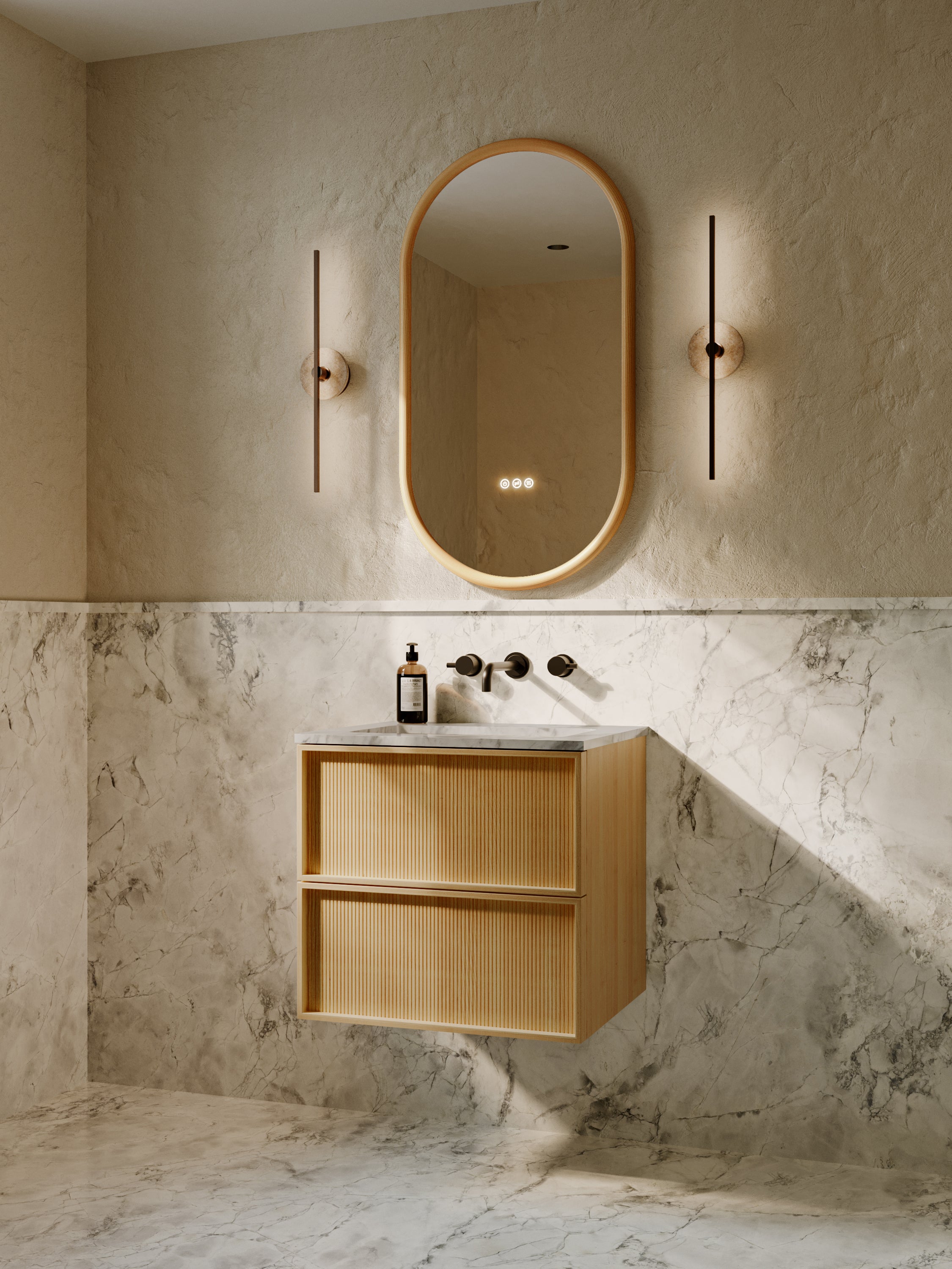 Neutra | Fluted Vanity Unit with Carrara Marble Worktop & Ceramic Basin | 600mm | Blonde Roast Oak