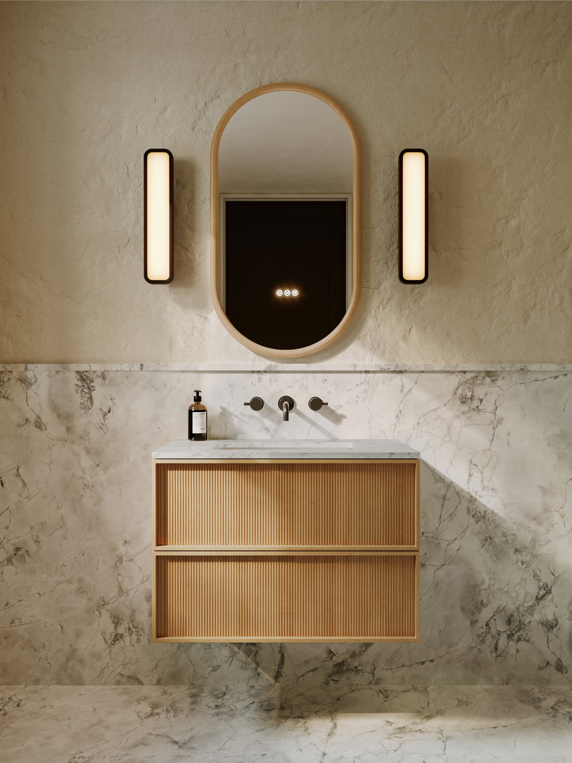 Neutra | Fluted Vanity Unit with Carrara Marble Worktop & Ceramic Basin | 800mm | Blonde Roast Oak