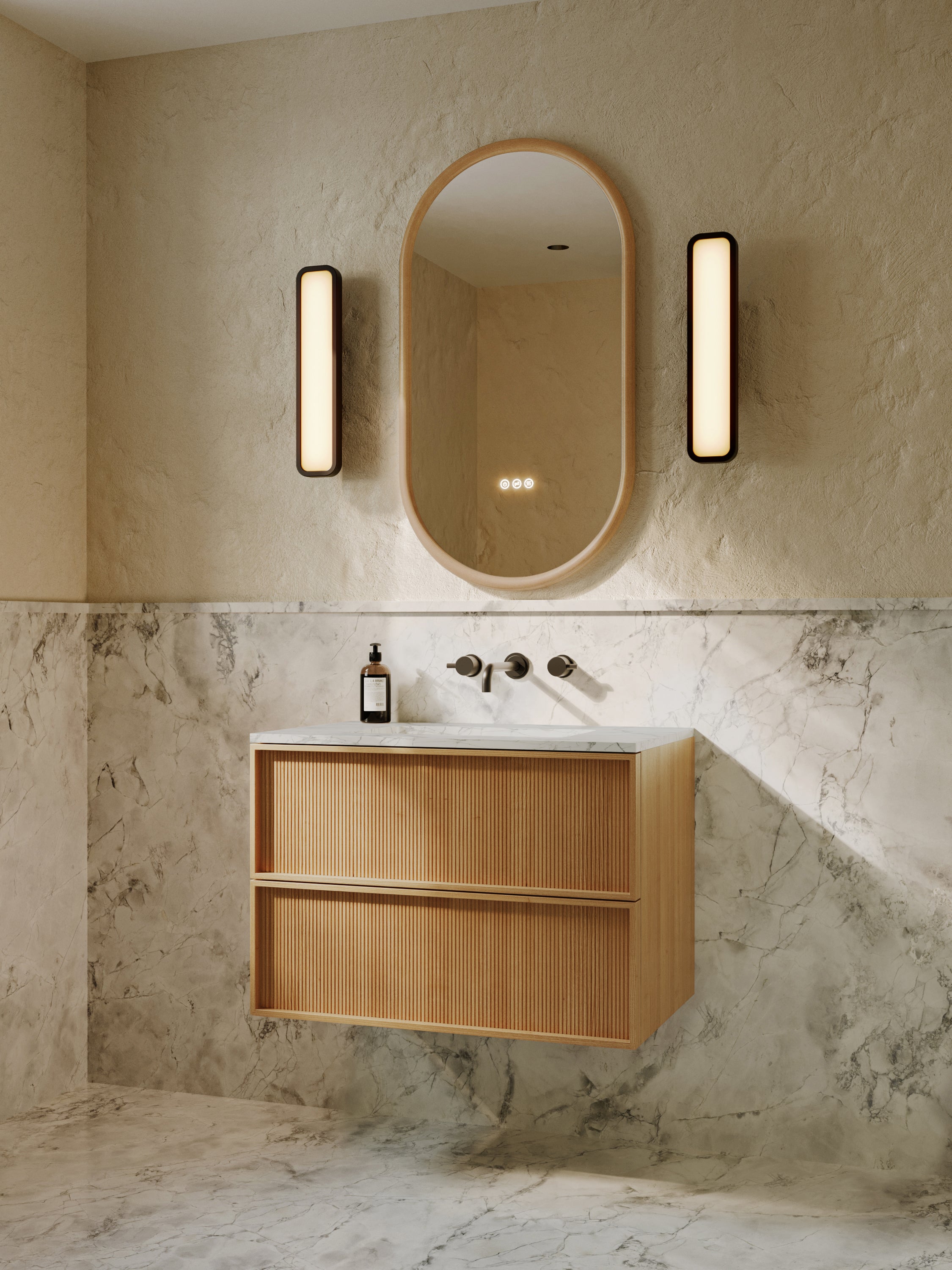 Neutra | Fluted Vanity Unit with Carrara Marble Worktop & Ceramic Basin | 800mm | Blonde Roast Oak