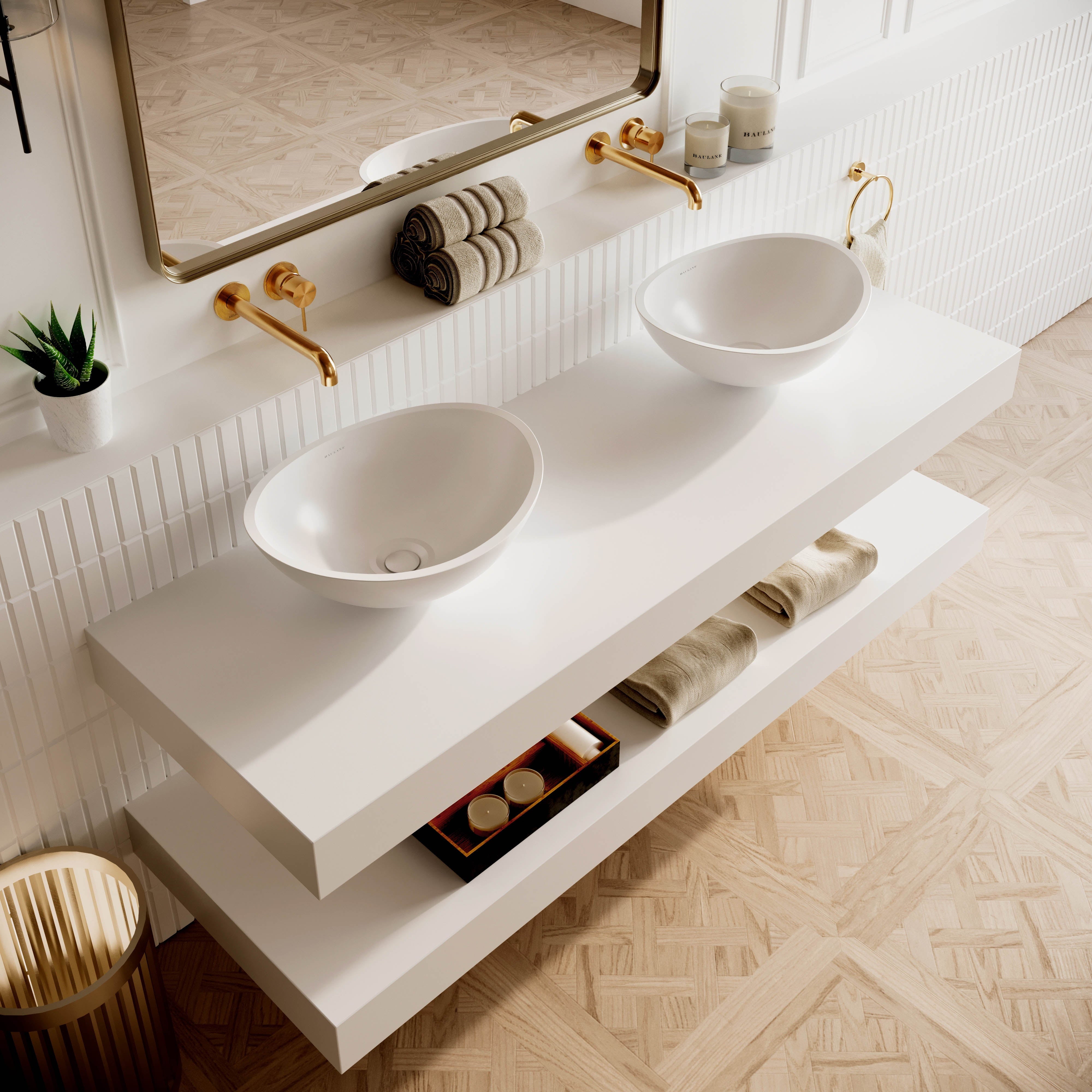 Wall Hung Stone Countertop Basin Shelf - White / 1500mm