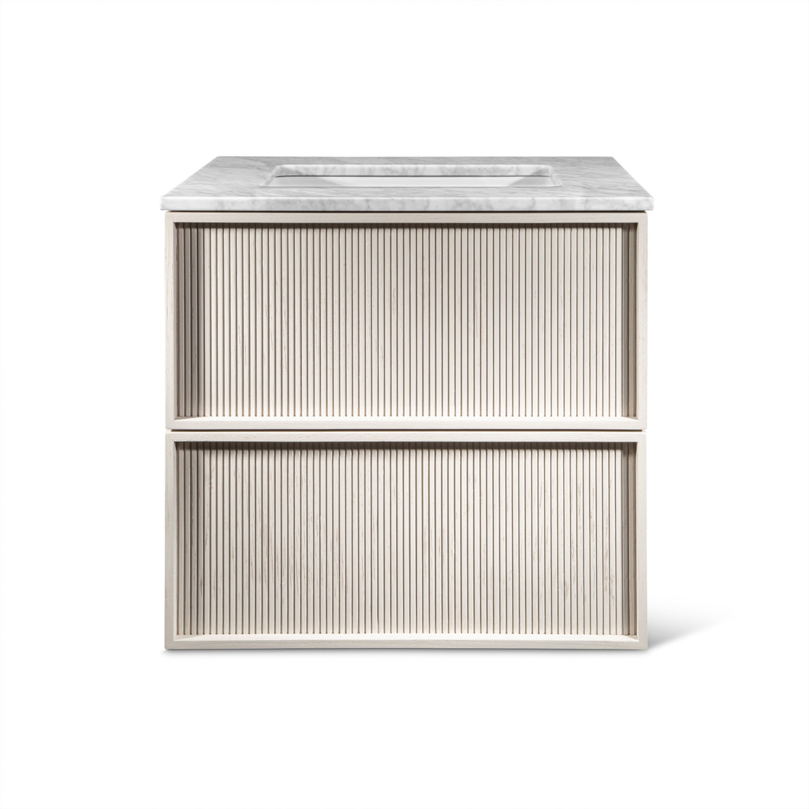 Neutra | Fluted Vanity Unit with Carrara Marble Worktop & Ceramic Basin | 1200mm | Latte Oak