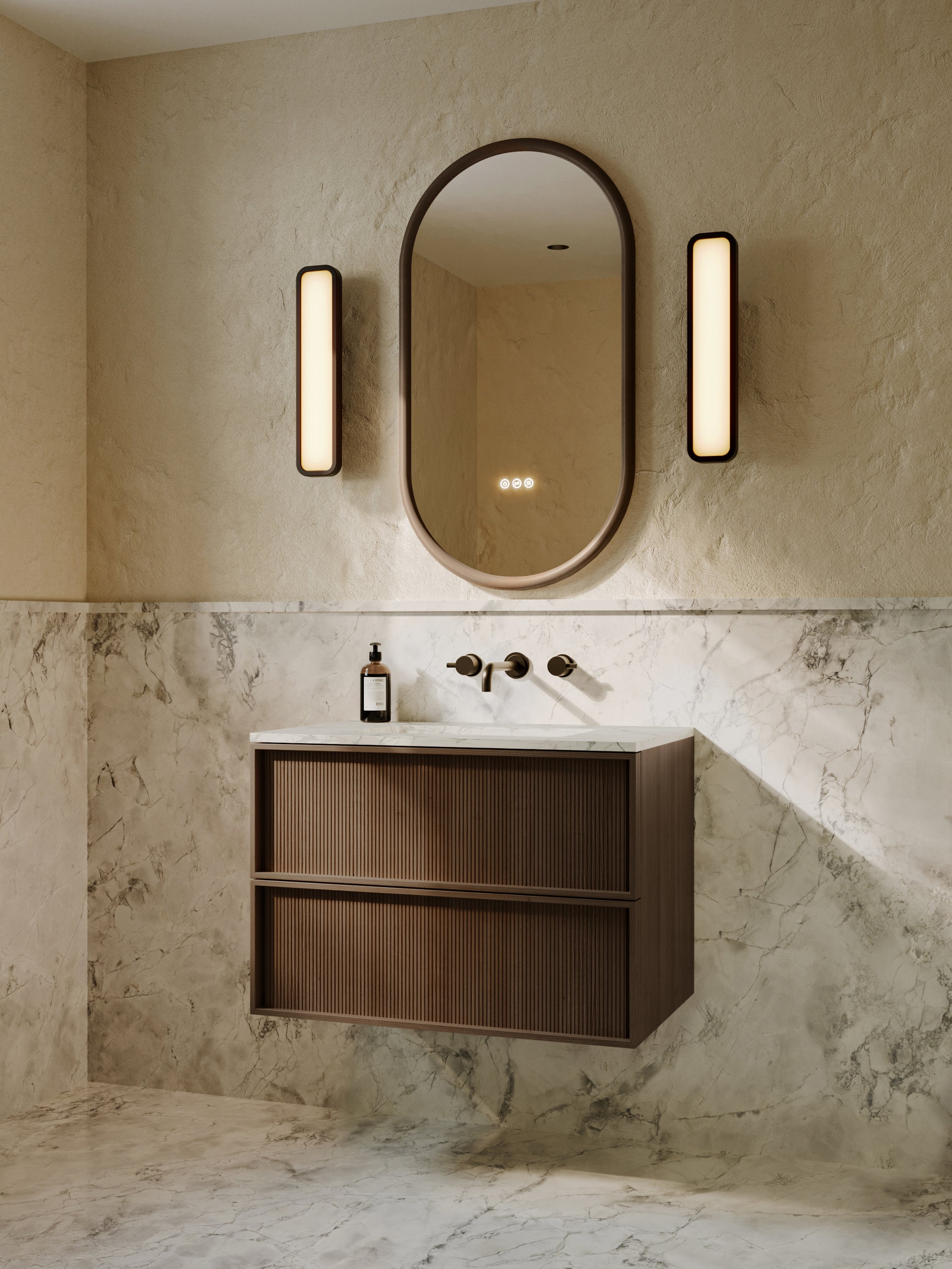 Neutra | Fluted Vanity Unit with Carrara Marble Worktop & Ceramic Basin | 800mm | Espresso Oak