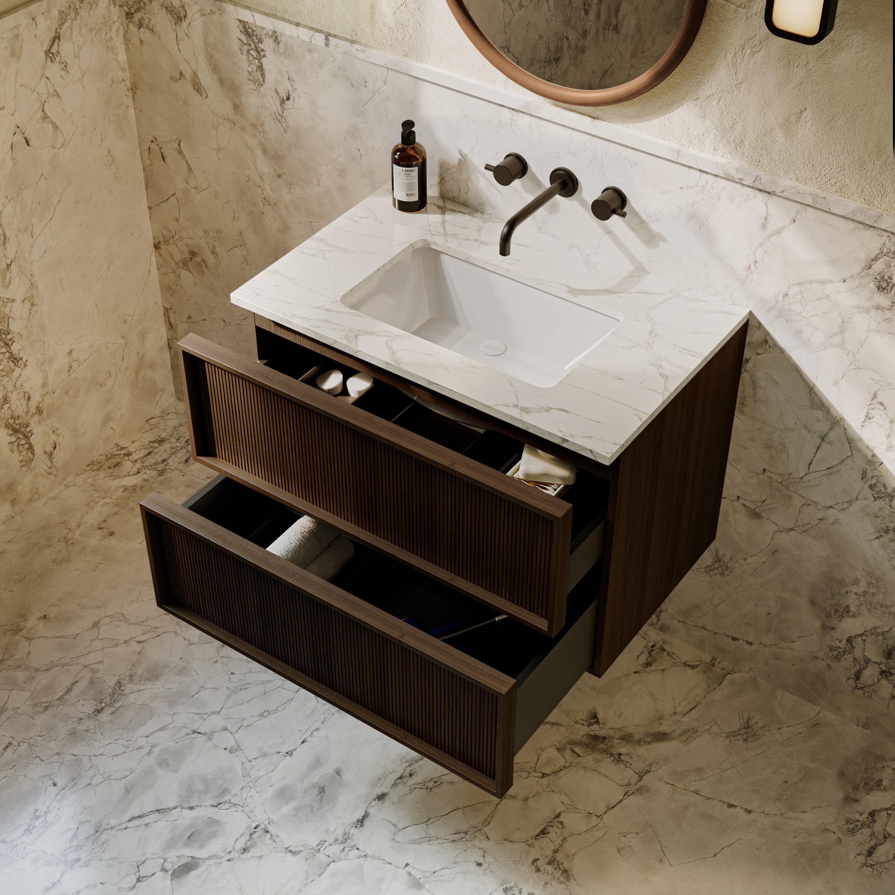 Neutra | Fluted Vanity Unit with Carrara Marble Worktop & Ceramic Basin | 800mm | Espresso Oak