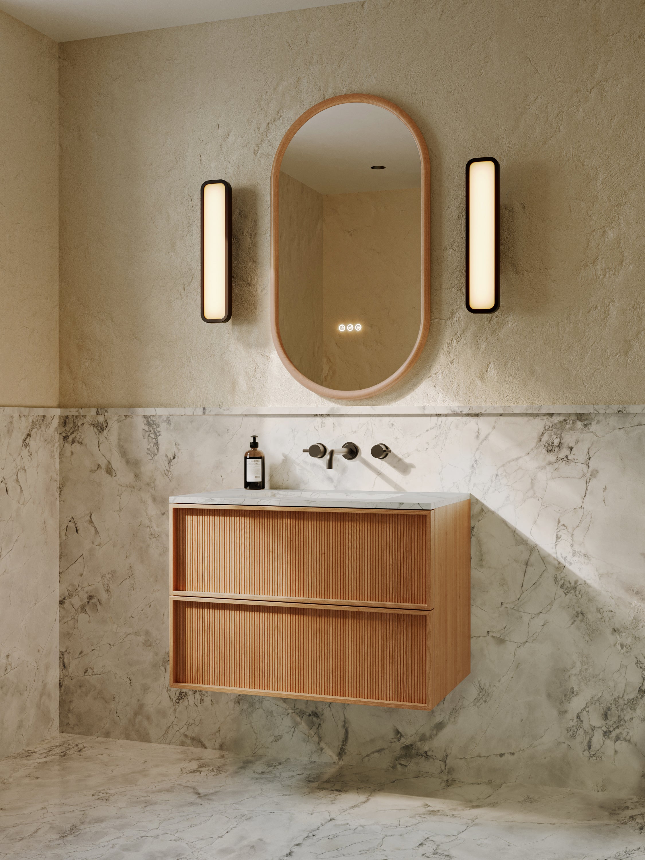 Neutra | Fluted Vanity Unit with Carrara Marble Worktop & Ceramic Basin | 800mm | Blonde Roast Oak