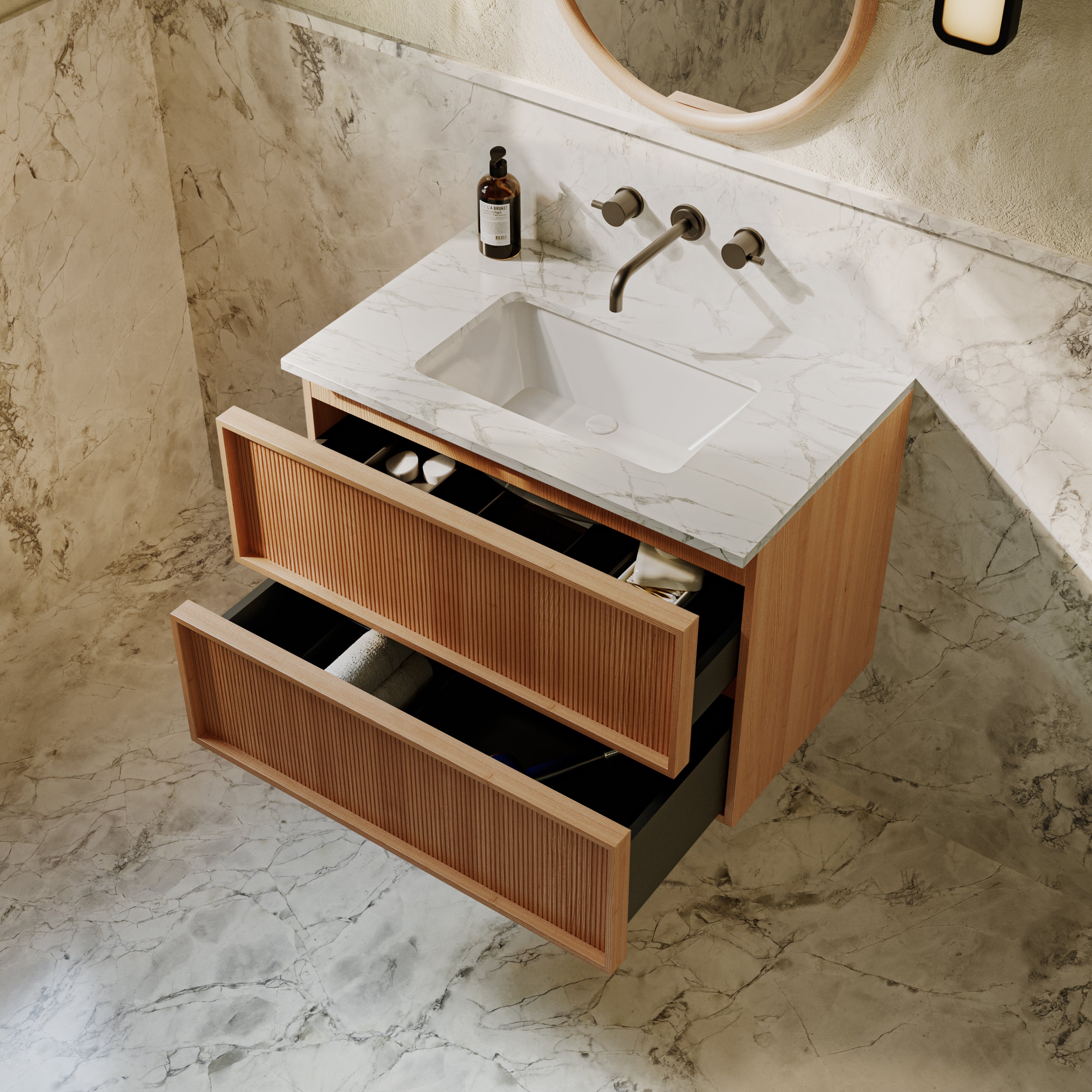 Neutra | Fluted Vanity Unit with Carrara Marble Worktop & Ceramic Basin | 800mm | Blonde Roast Oak