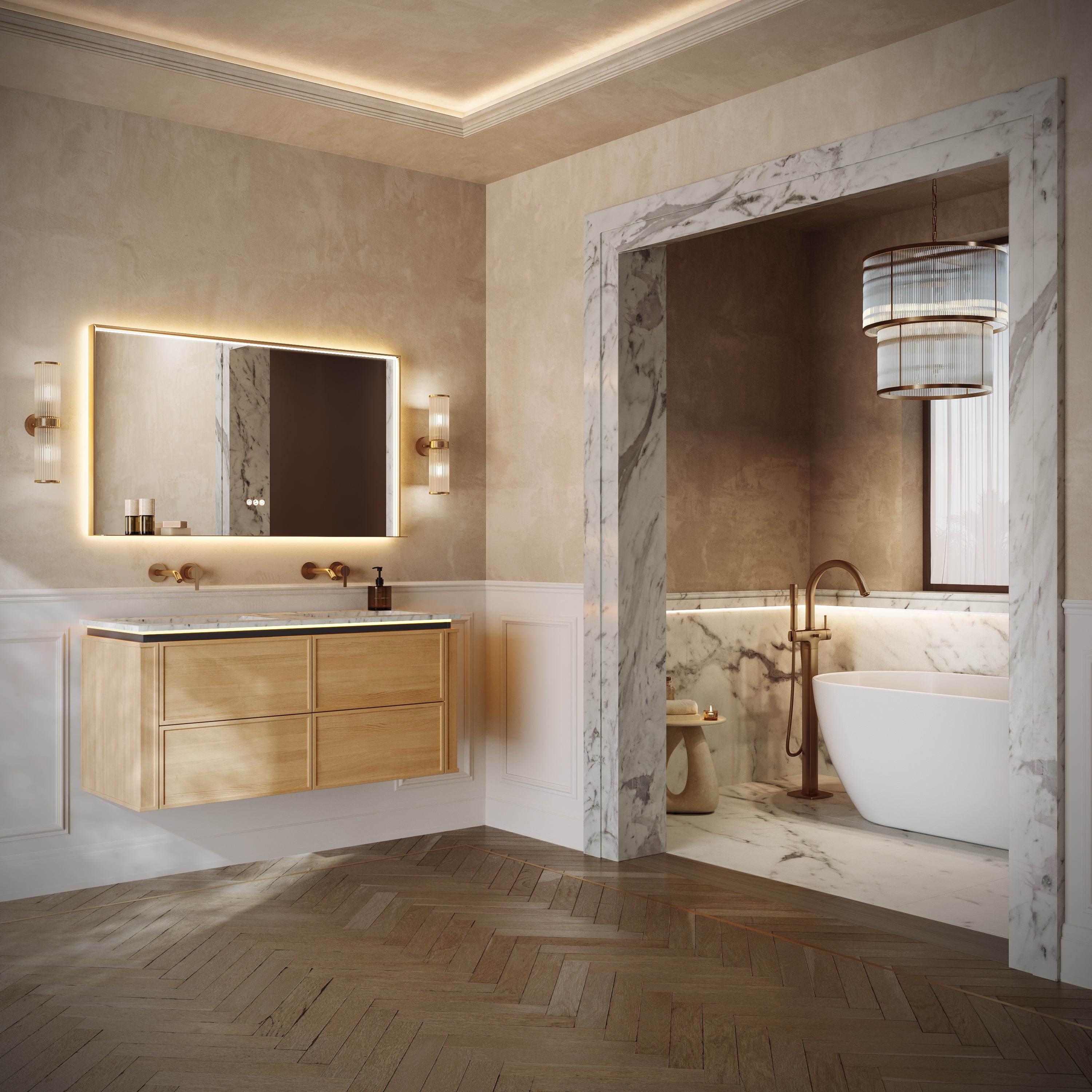 Linea Series Blonde Roast Oak Cararra Marble Vanity Unit 1200mm