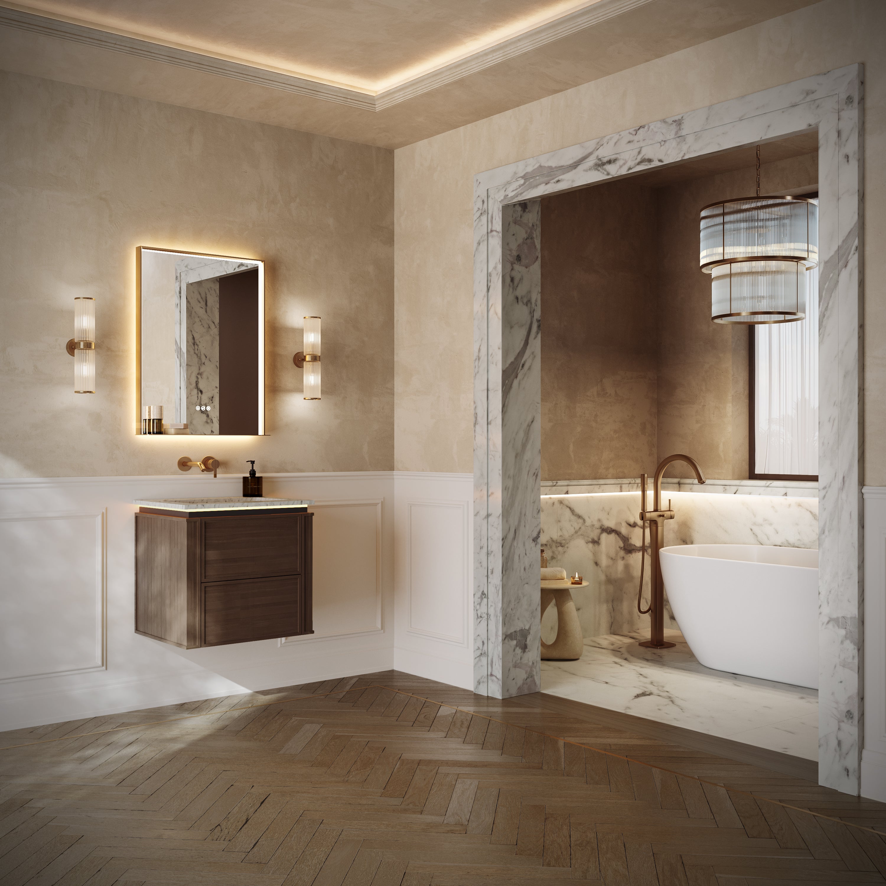 Linea Series Espresso Oak Cararra Marble Vanity Unit 600mm