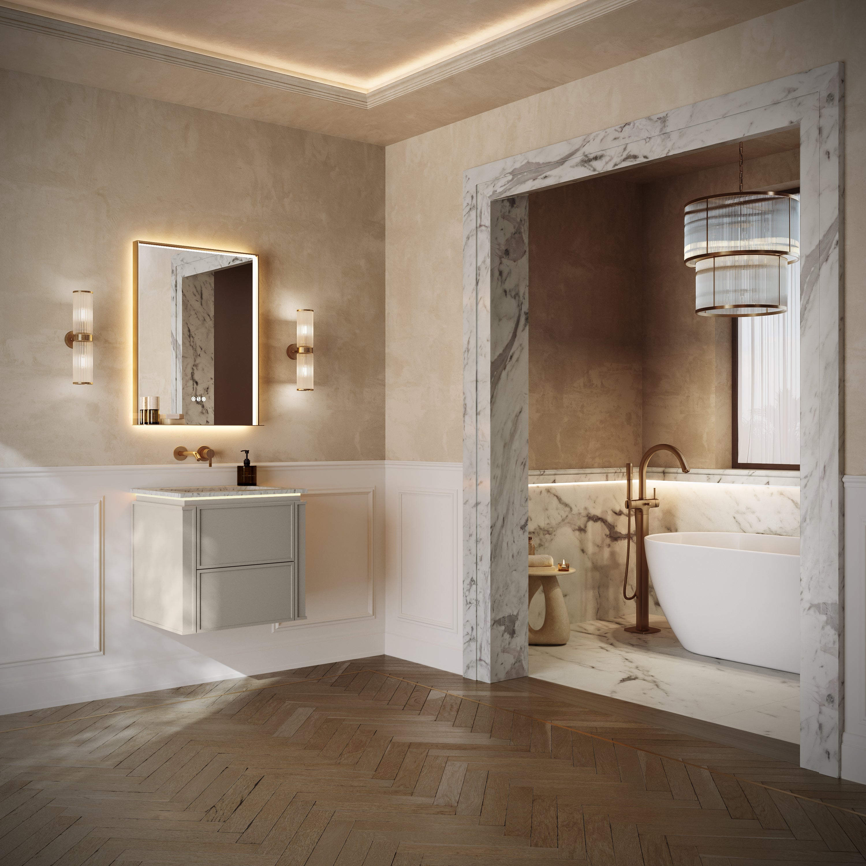 Linea Series Latte Oak Cararra Marble Vanity Unit 600mm
