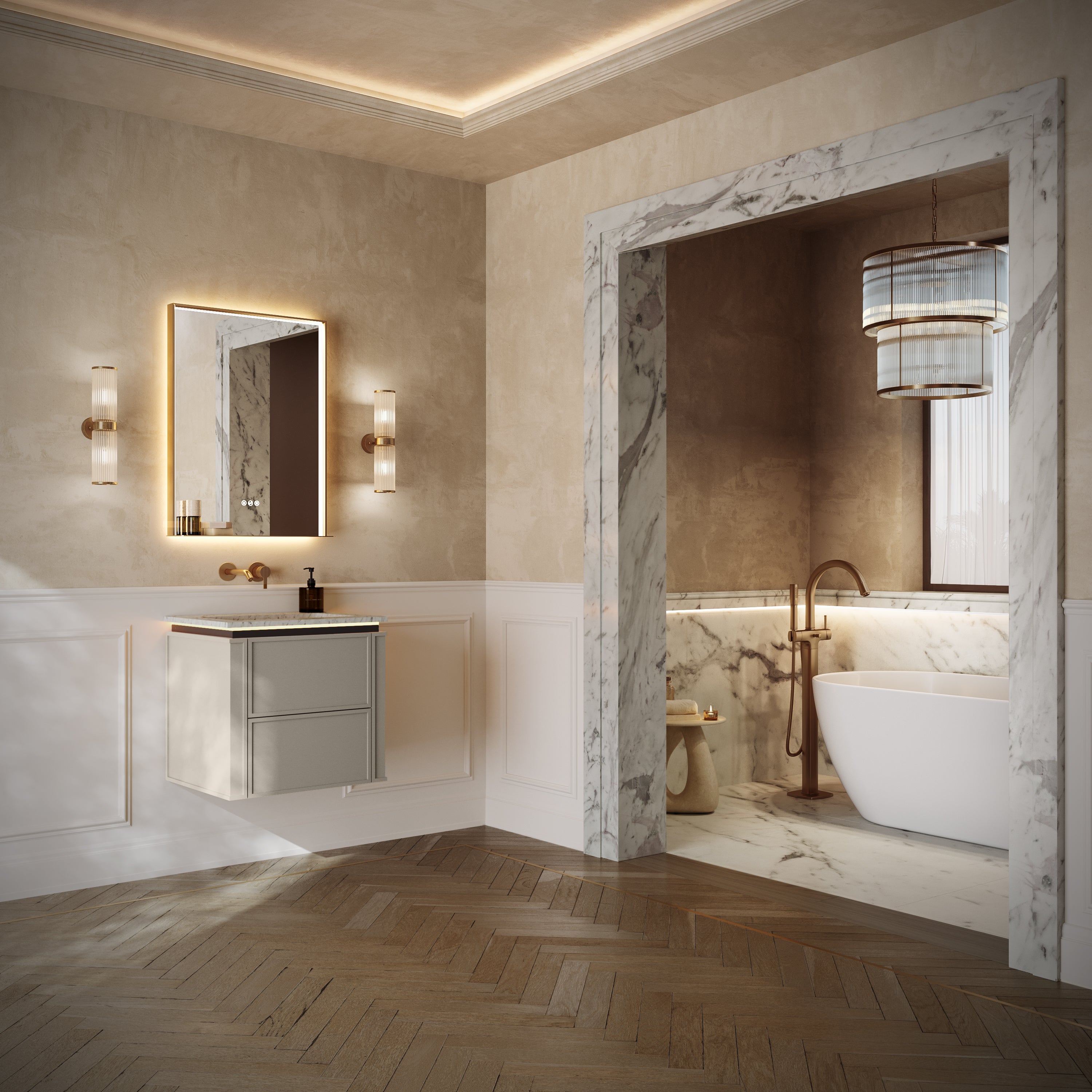 Linea Series Latte Oak Cararra Marble Vanity Unit 600mm