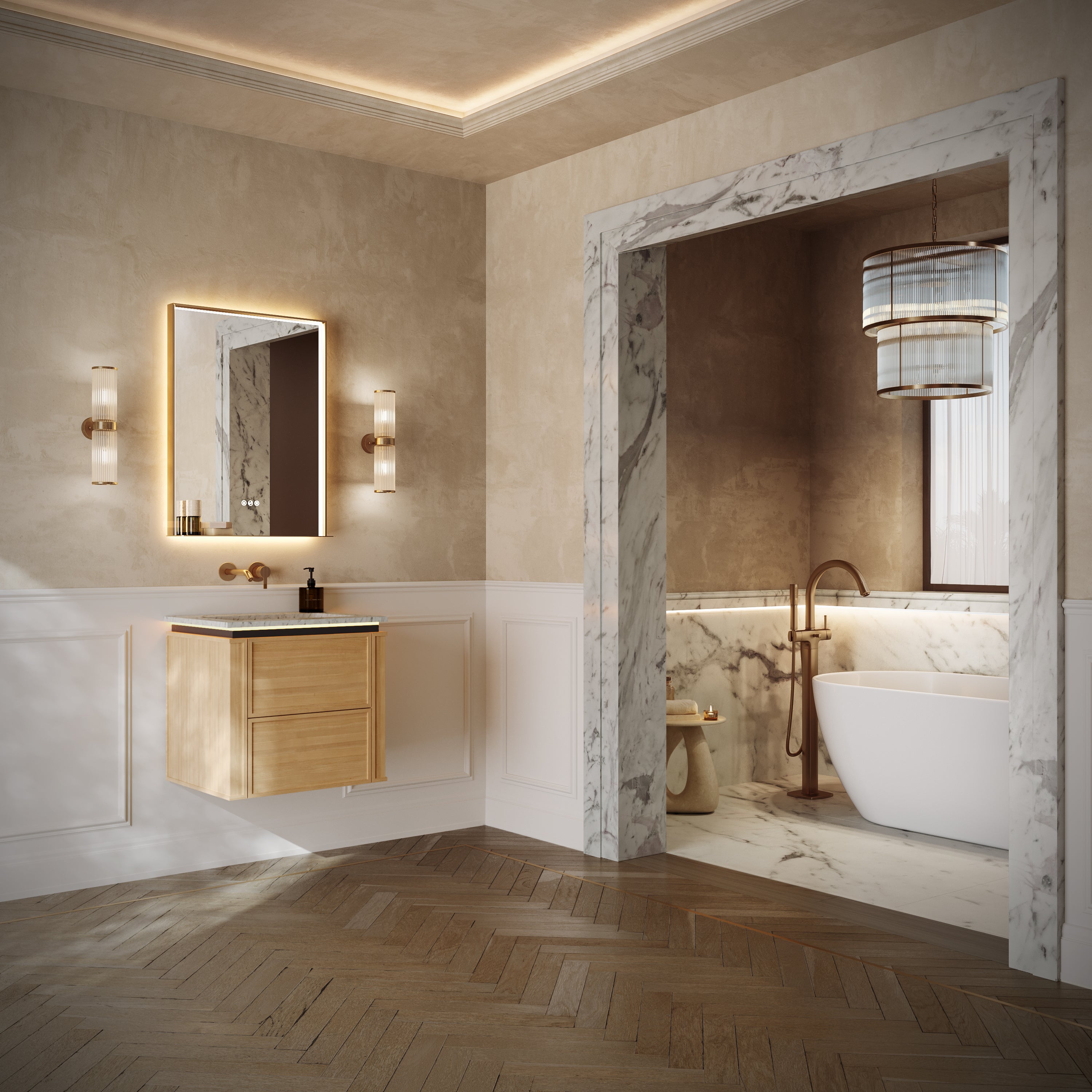 Linea Series Blonde Roast Oak Cararra Marble Vanity Unit 600mm