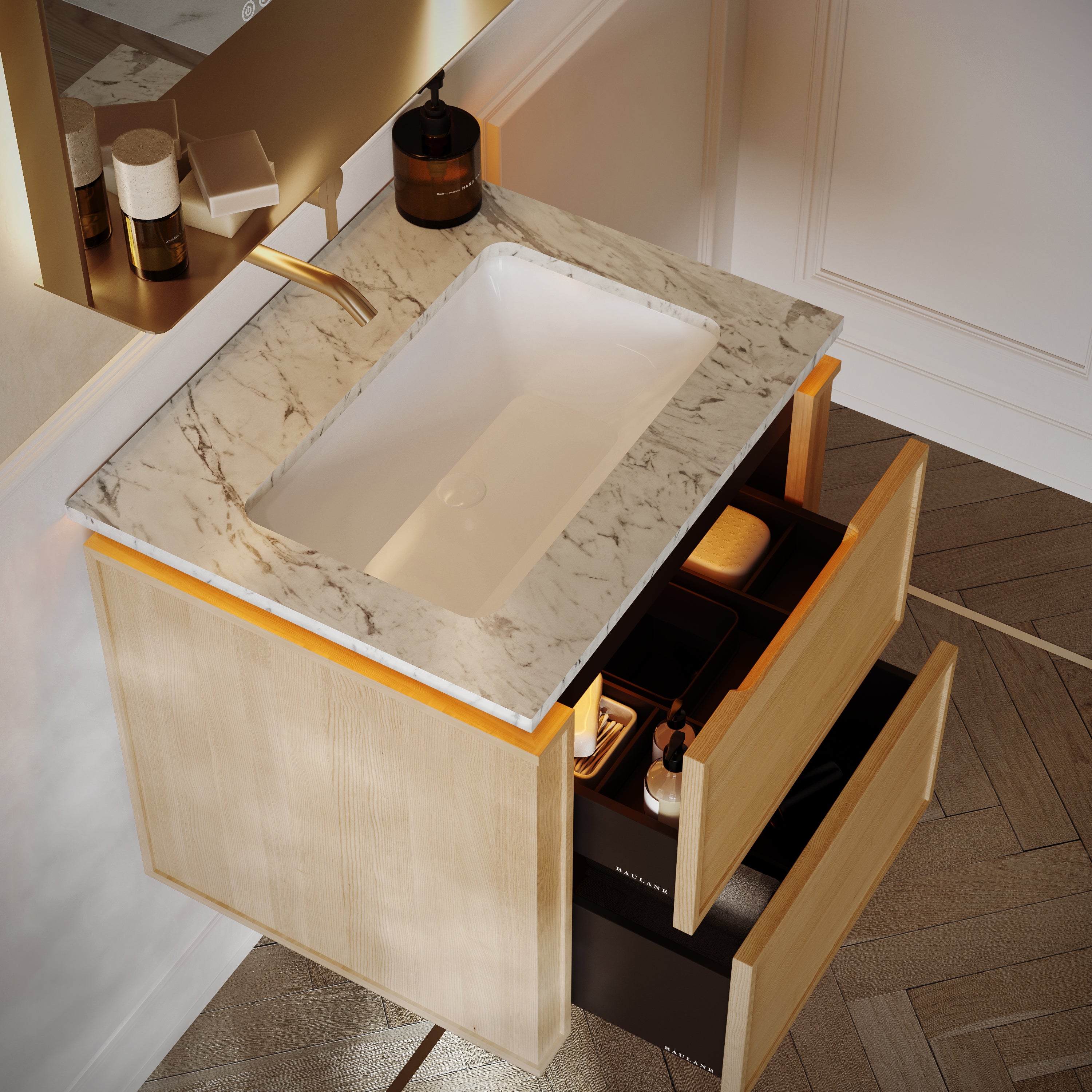 Linea Series Blonde Roast Oak Cararra Marble Vanity Unit 600mm