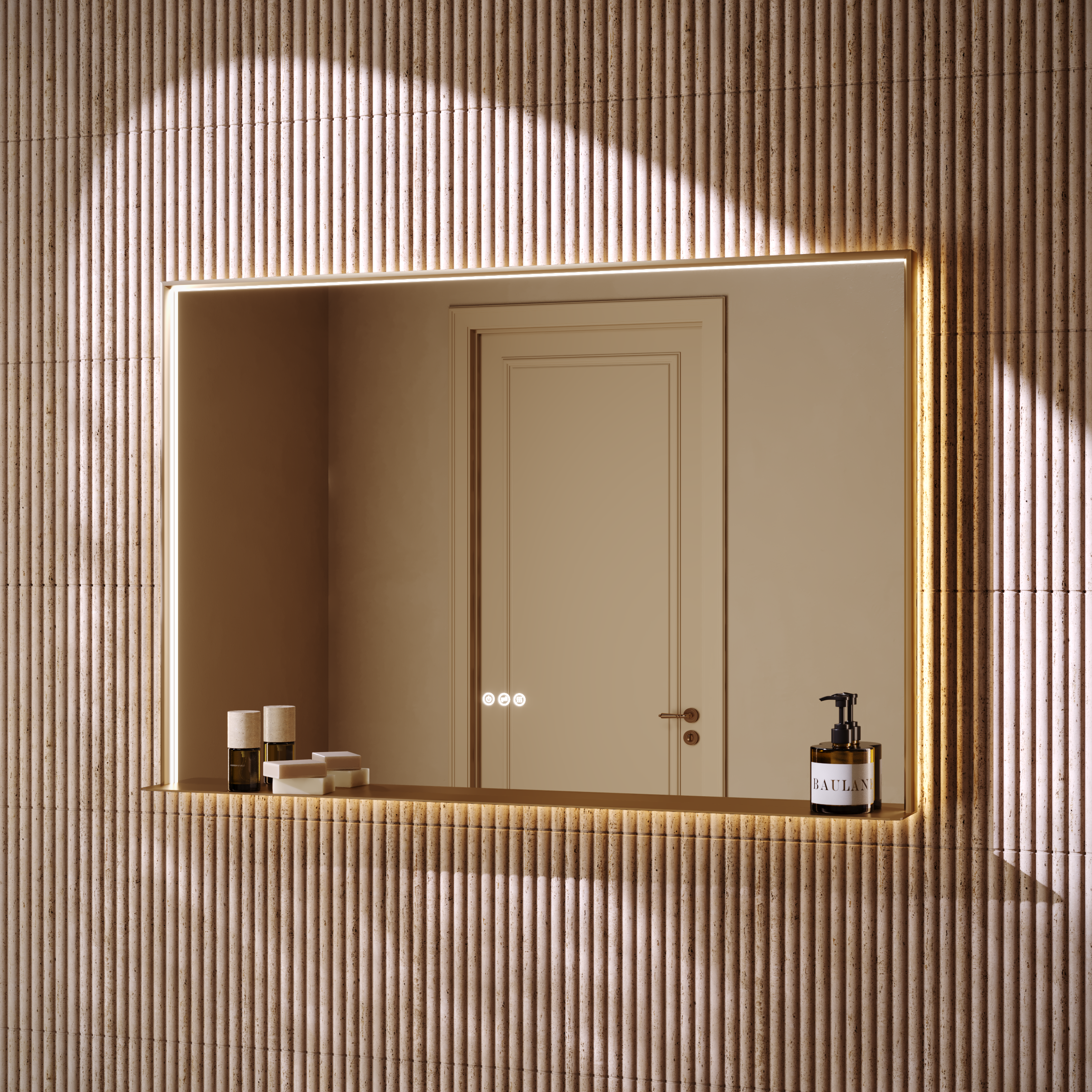 Mies Brushed Gold Mirror with Shelf Lip Natural White LED Light and Demister 1200mm