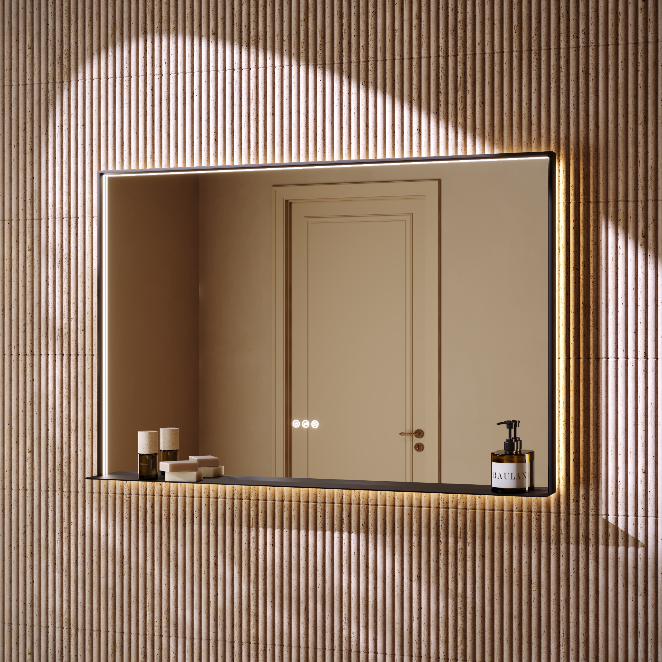 Mies Matte Black Mirror with Shelf Lip Natural White LED Light and Demister 1200mm