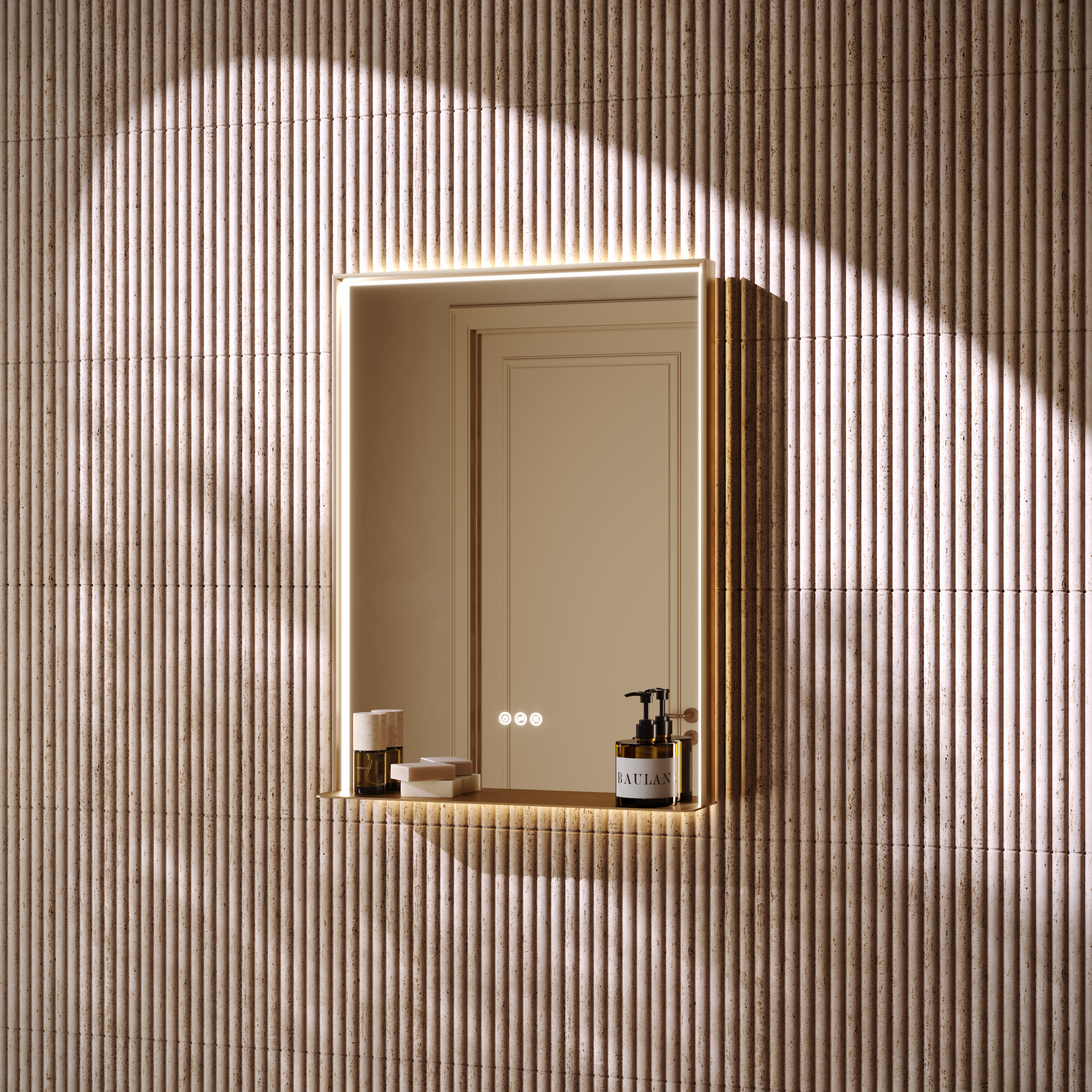 Mies Brushed Gold Mirror with Shelf Lip Natural White LED Light and Demister 600mm