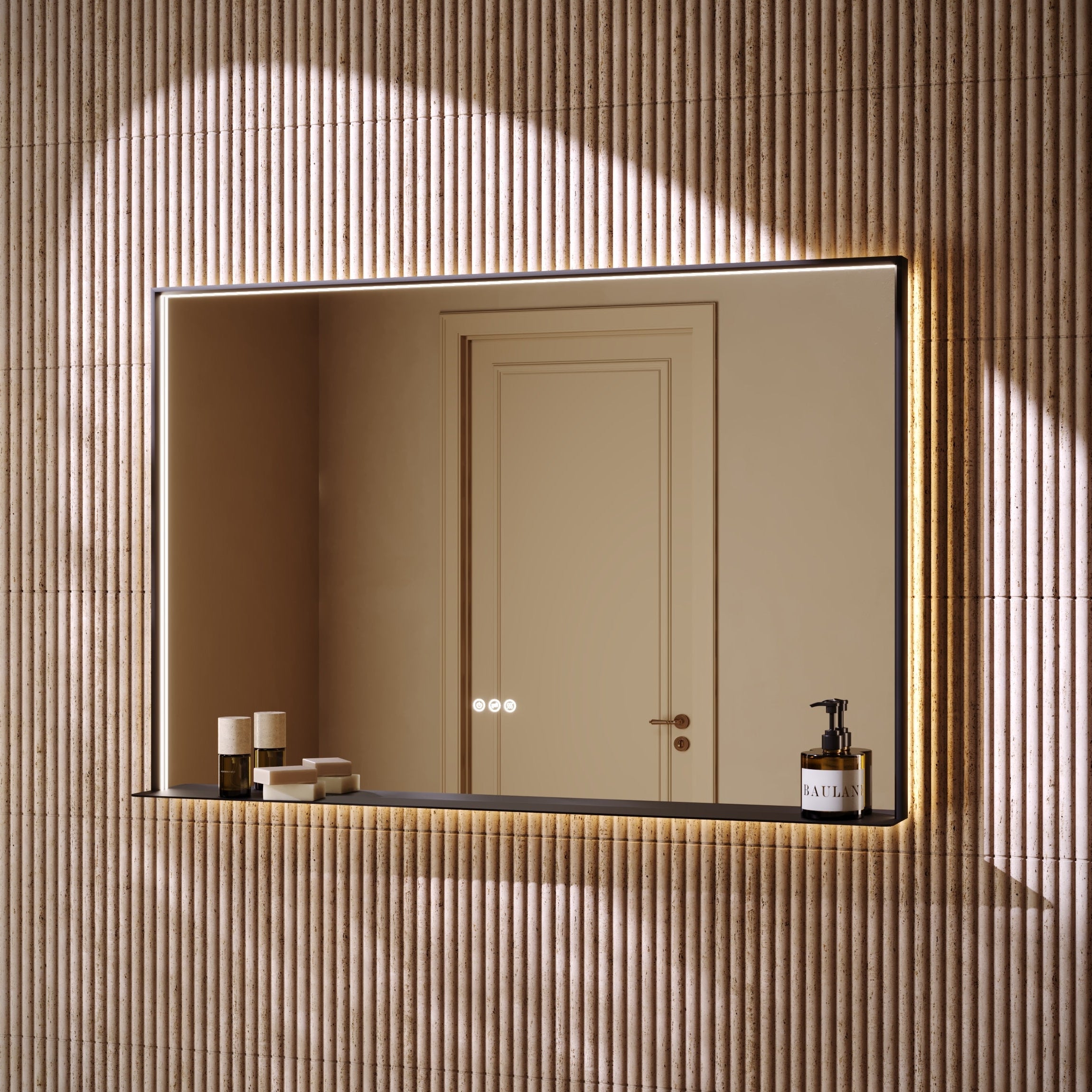 Bathroom mirror with lighting fixture on a tiled wall