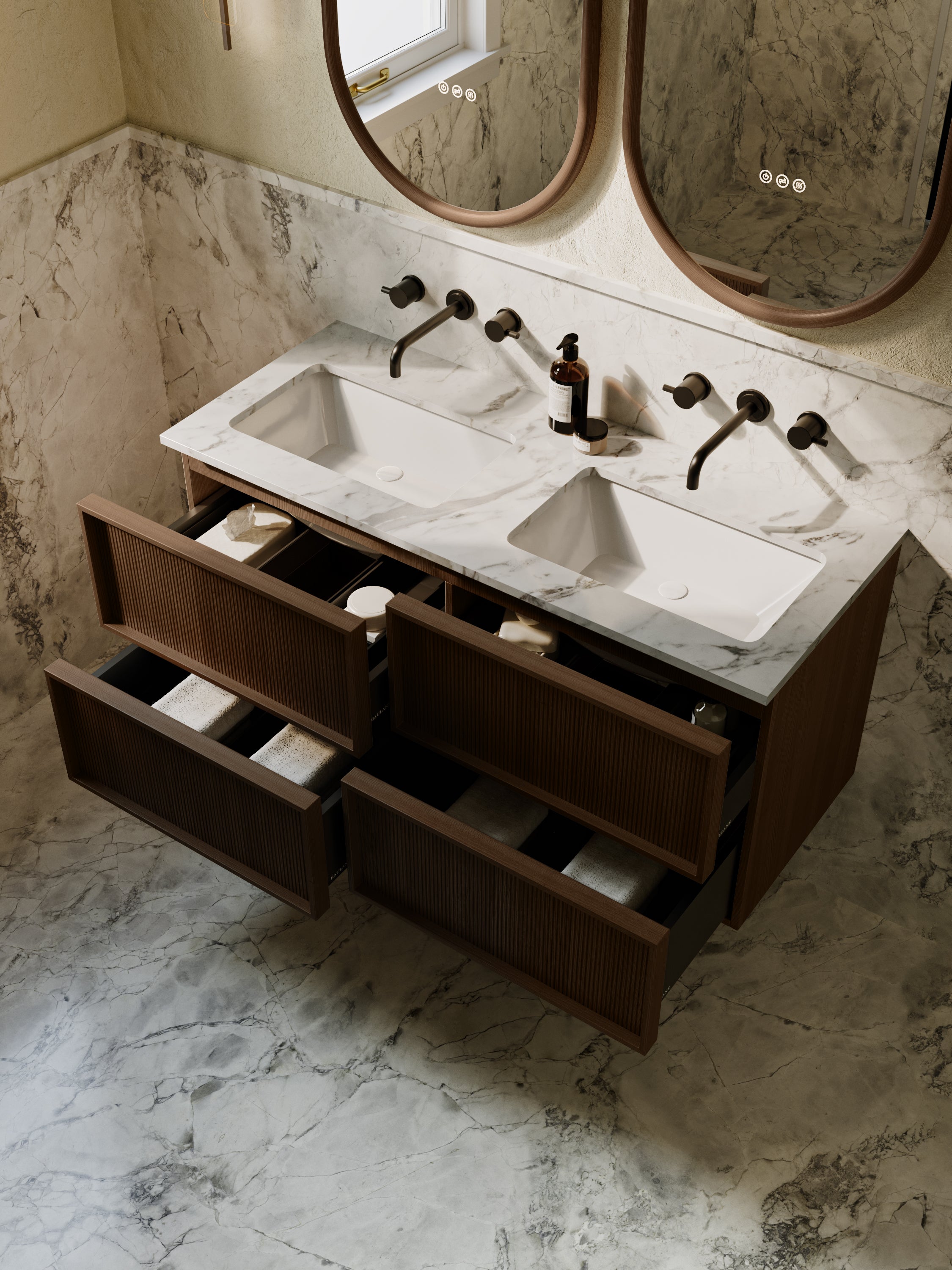 Neutra | Fluted Vanity Unit with Carrara Marble Worktop & Ceramic Basin | 1200mm | Espresso Oak