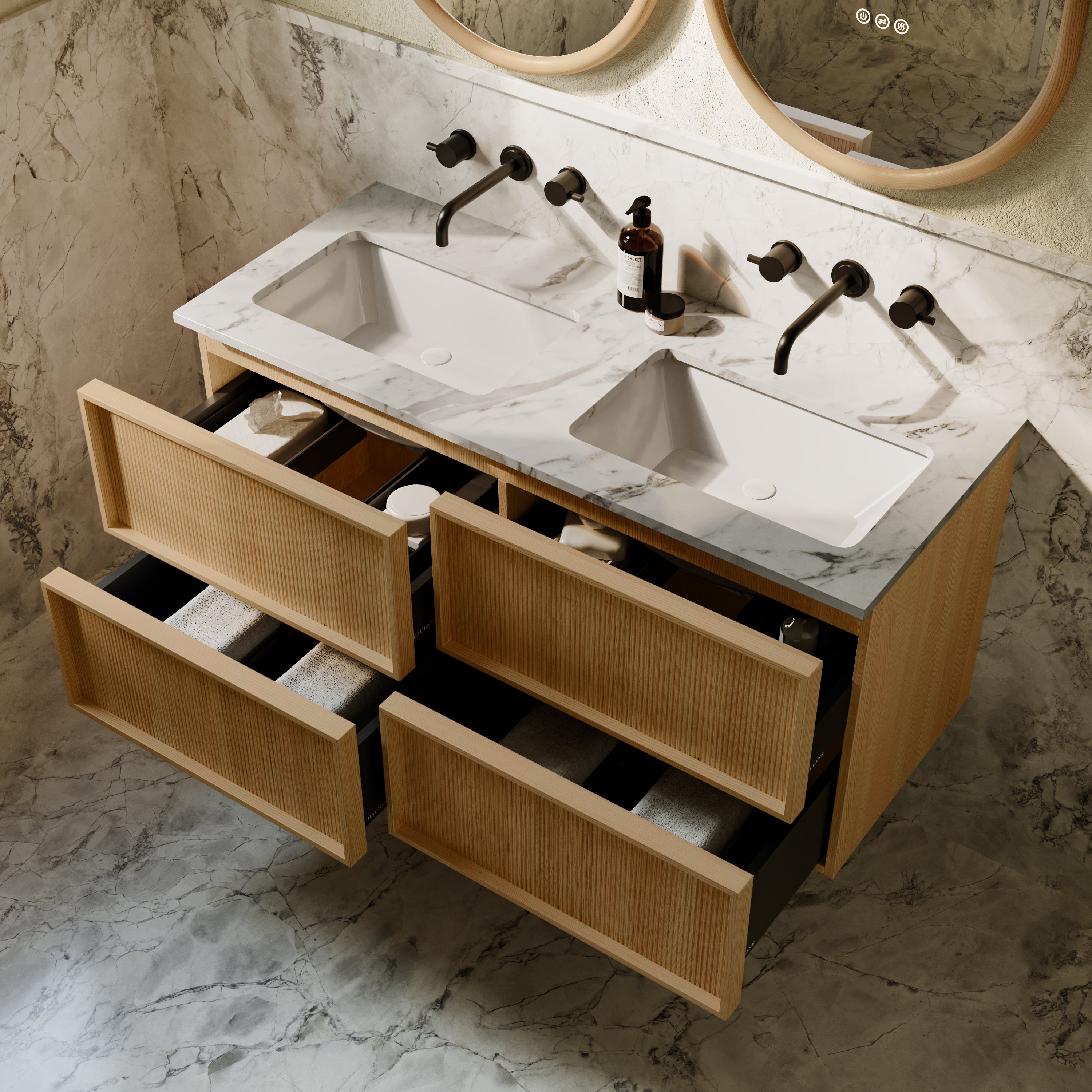 Neutra | Fluted Vanity Unit with Carrara Marble Worktop & Ceramic Basin | 1200mm | Blonde Roast Oak
