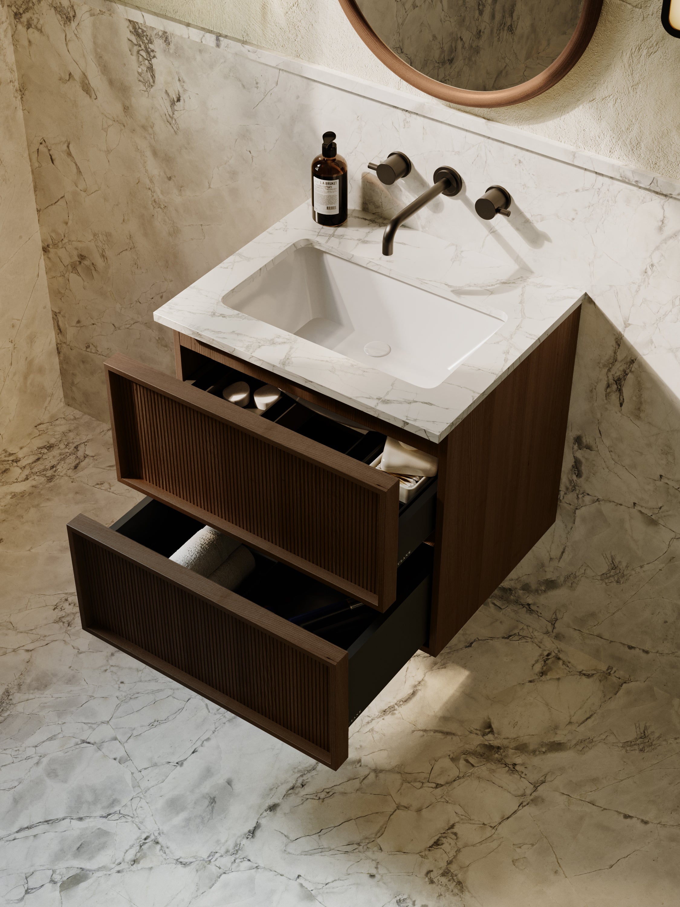 Neutra | Fluted Vanity Unit with Carrara Marble Worktop & Ceramic Basin | 600mm | Espresso Oak