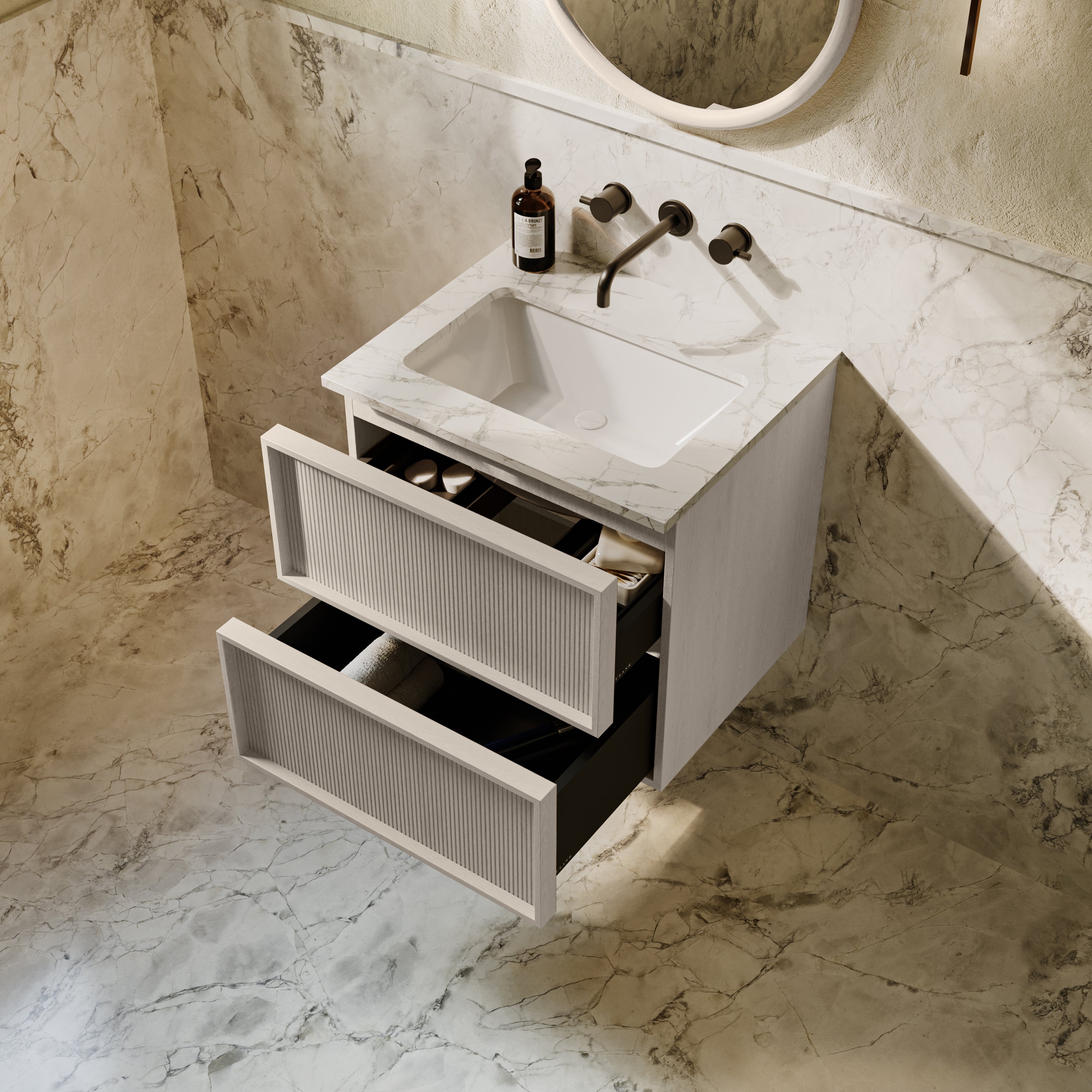 Neutra Series Latte Oak Cararra Marble Vanity Unit 600mm