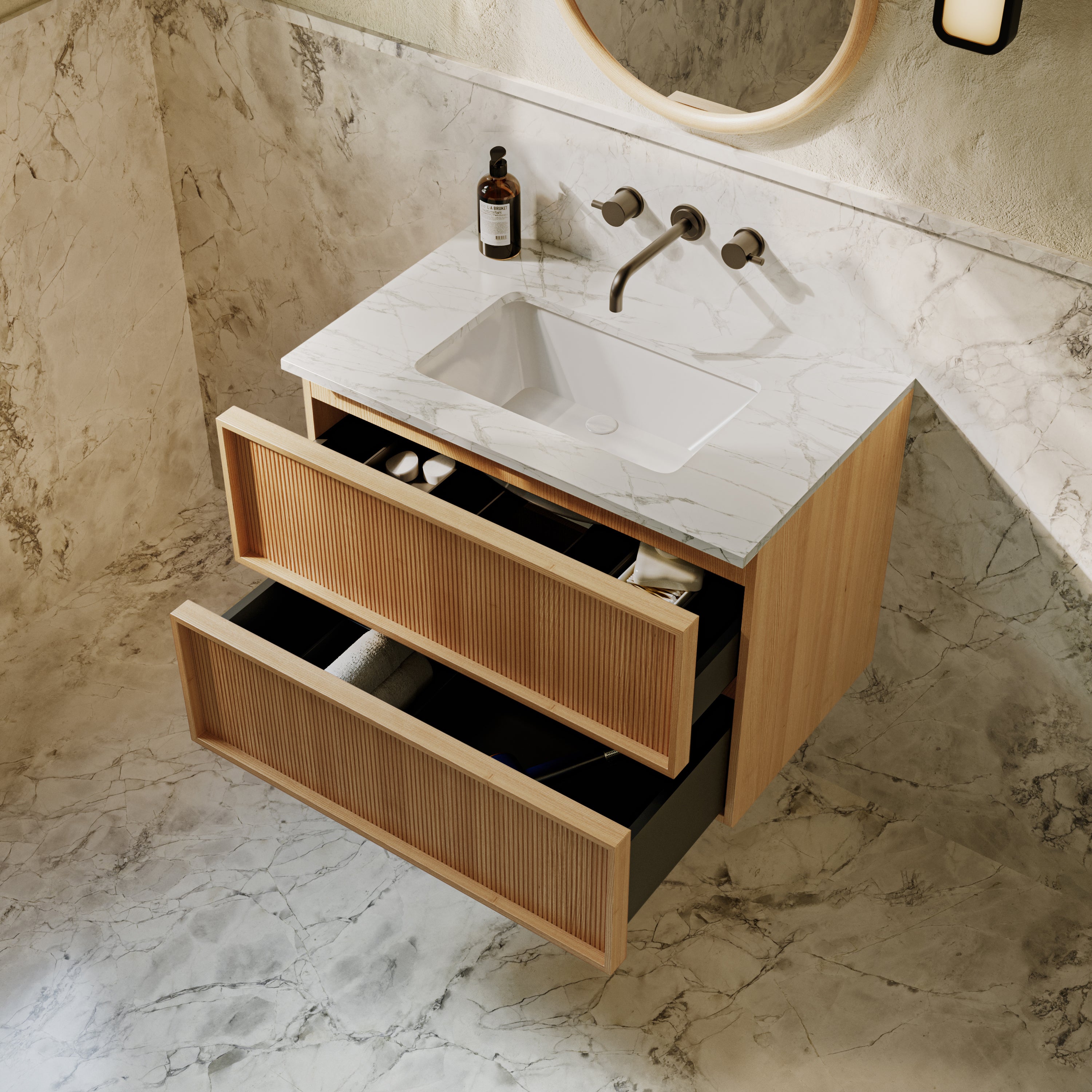Neutra | Fluted Vanity Unit with Carrara Marble Worktop & Ceramic Basin | 800mm | Blonde Roast Oak