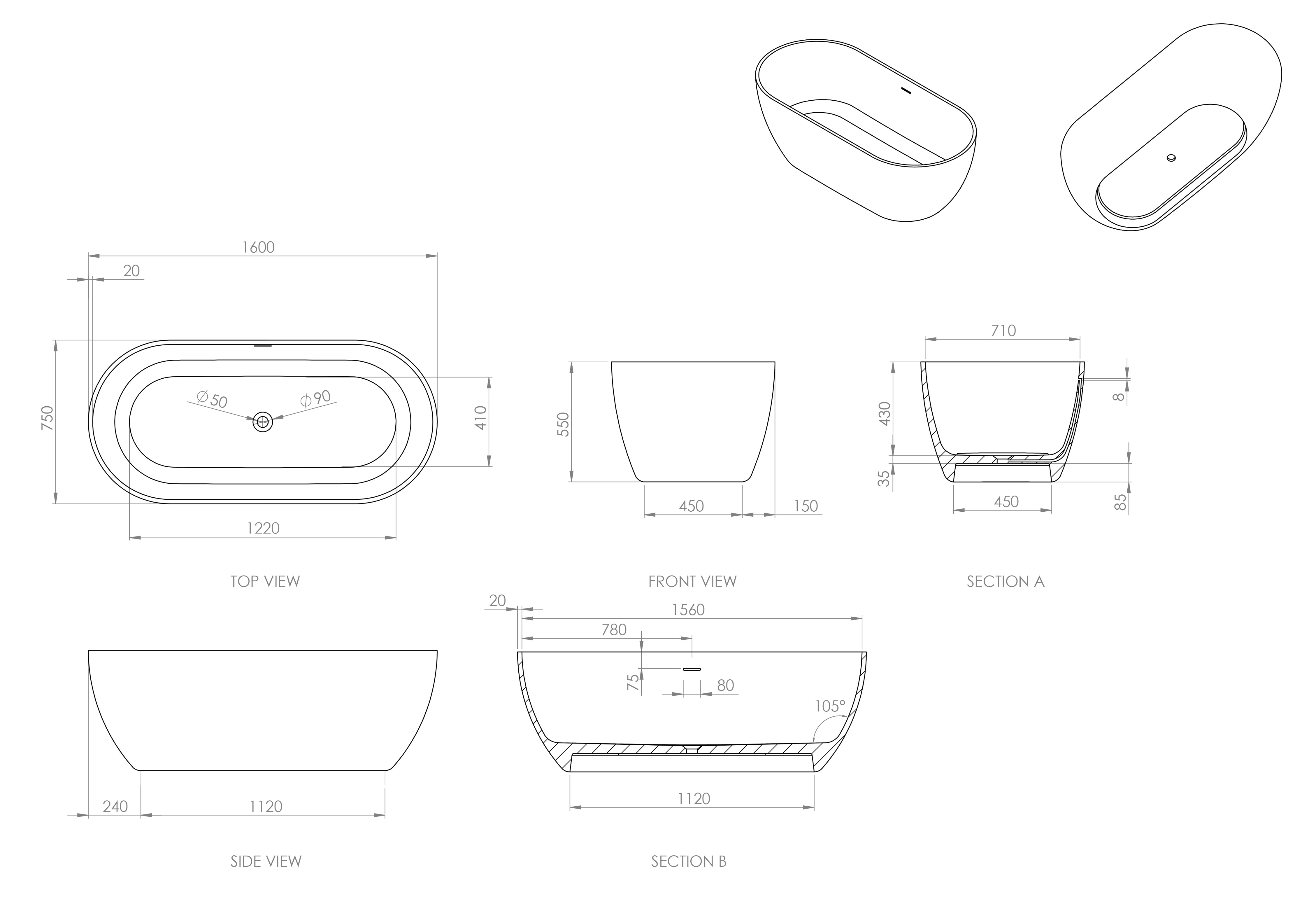 Continental Freestanding Stone Bath - Matte White / 1600mm