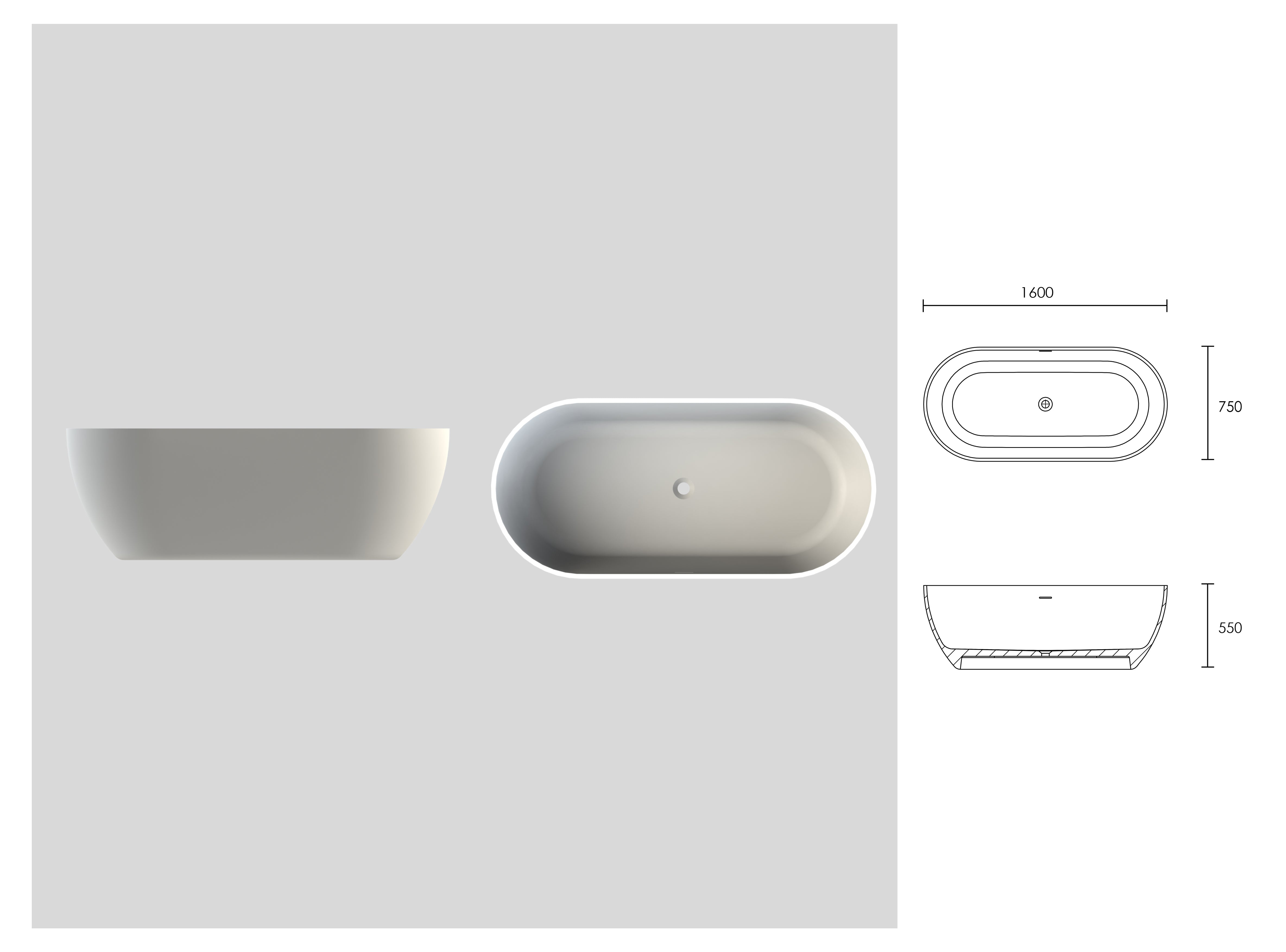 Continental Freestanding Stone Bath - Matte White / 1600mm