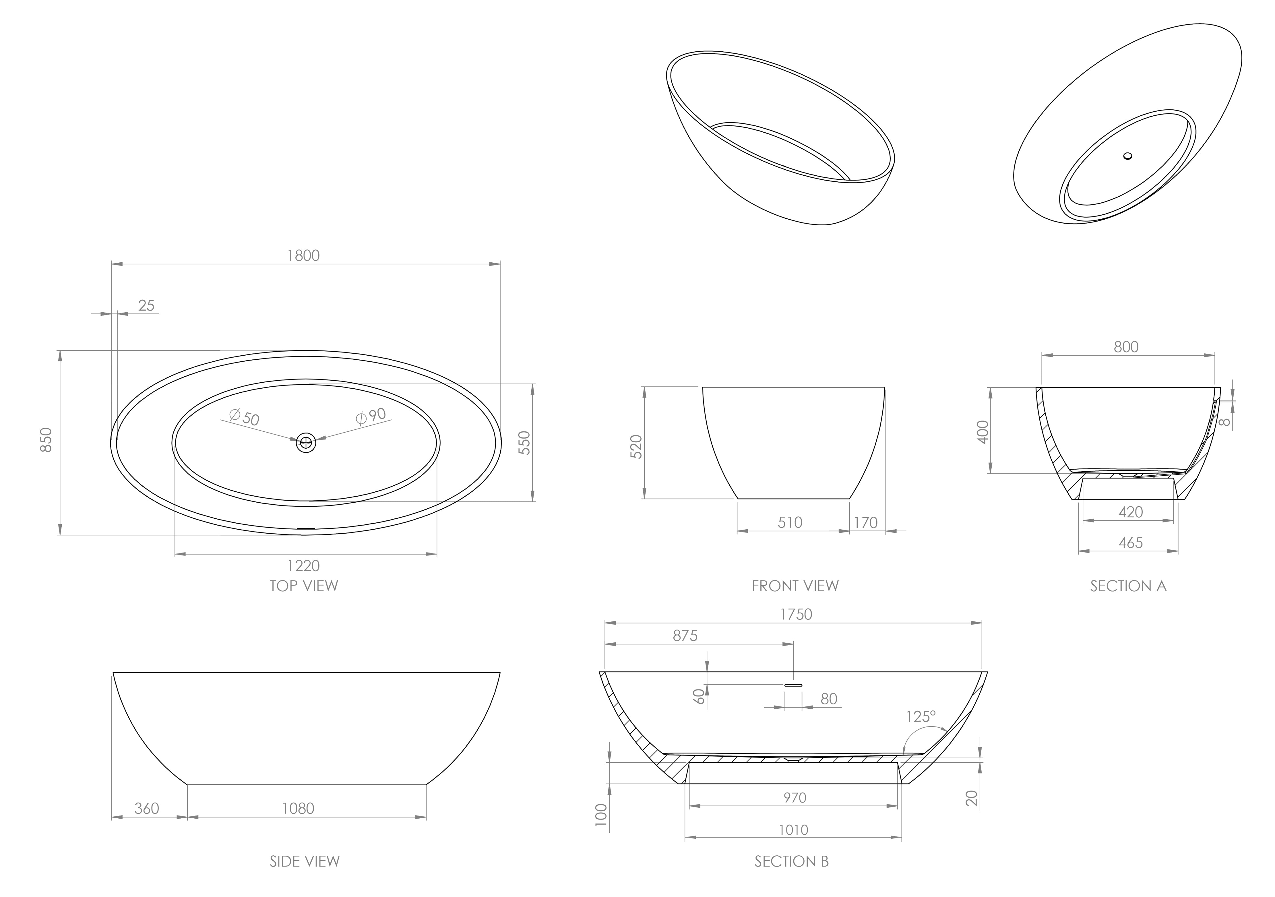 Celine Freestanding Stone Bath - Matte White / 1800mm