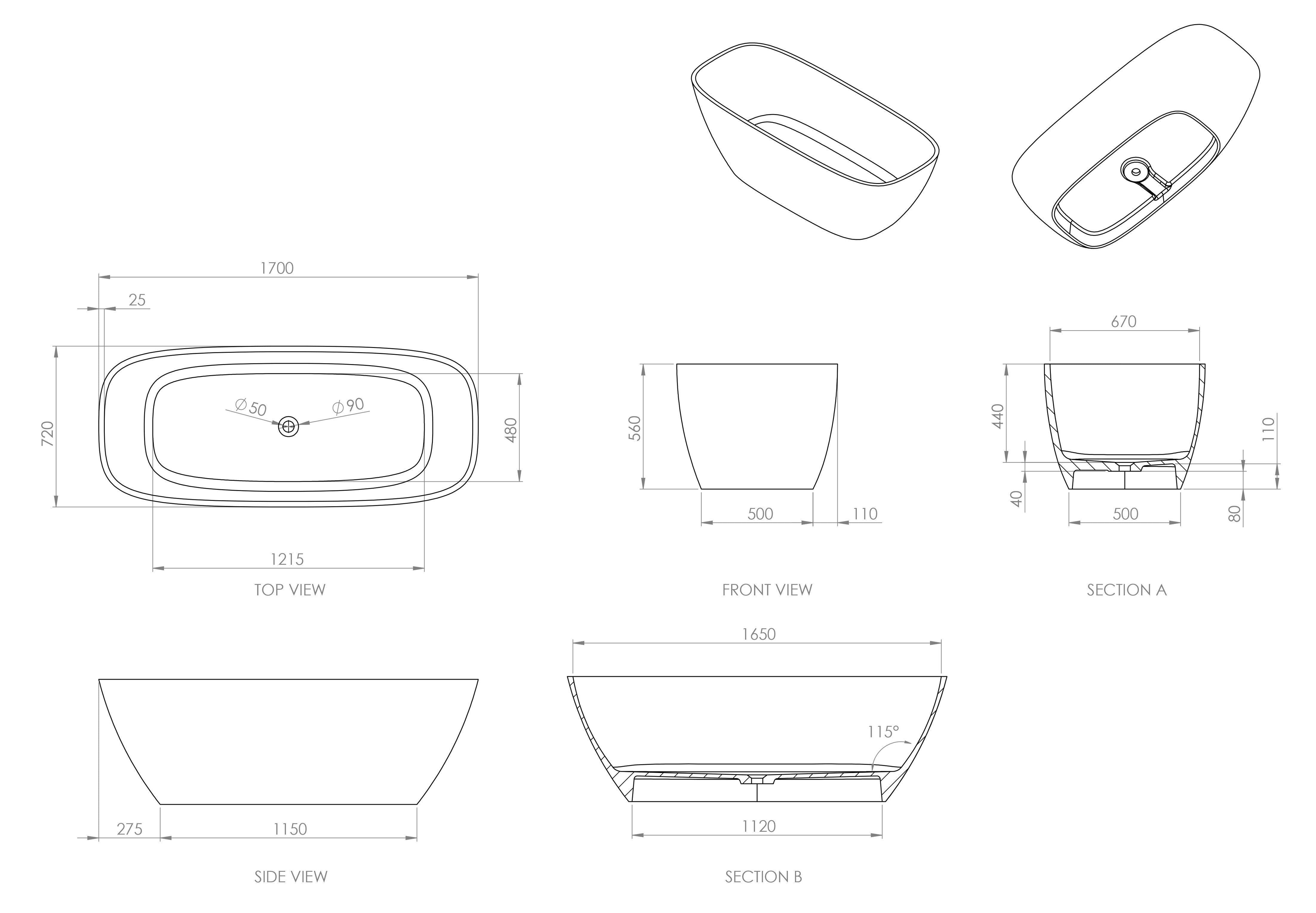 District Freestanding Stone Bath - Matte White / 1700mm