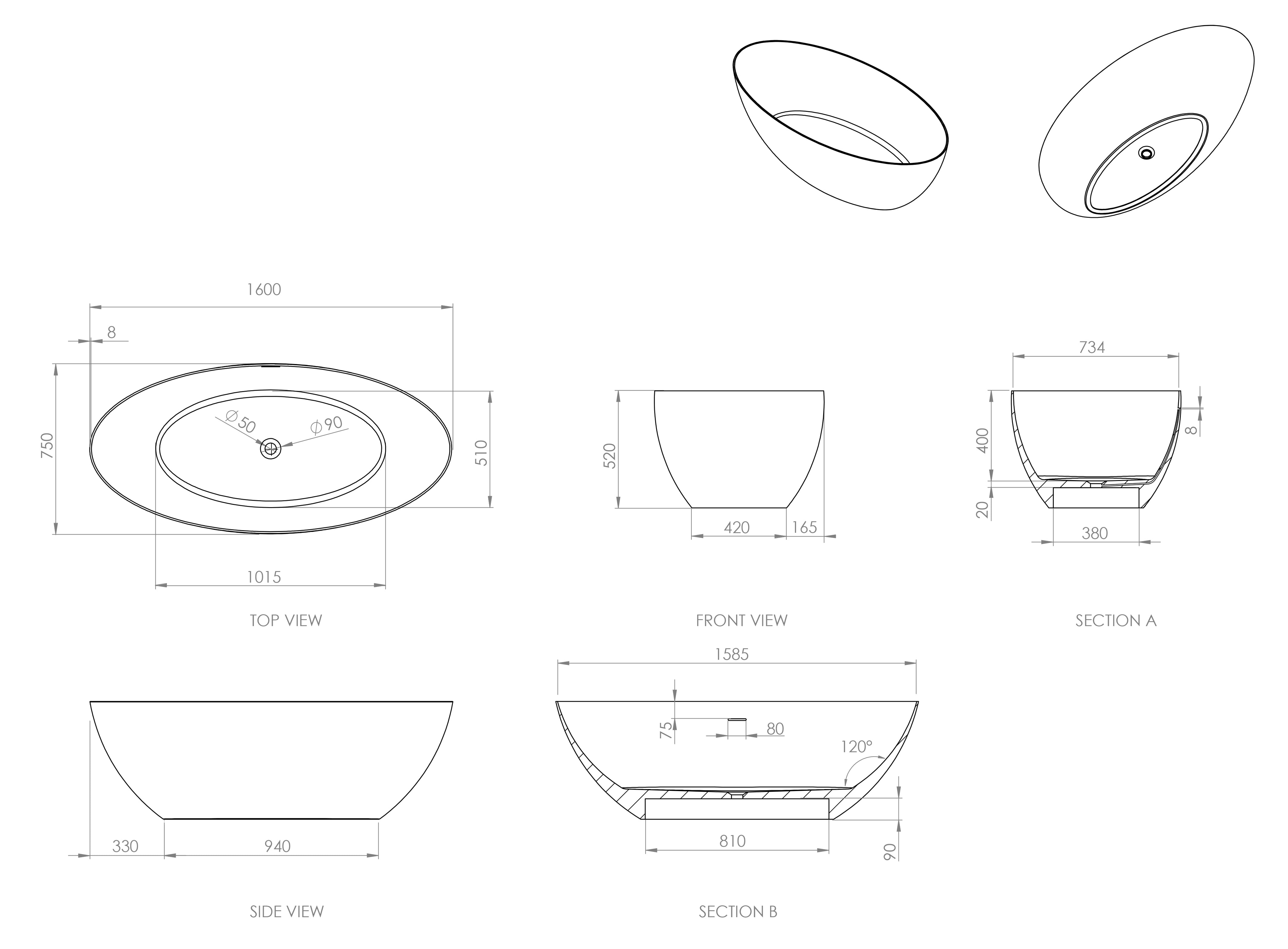 Organza Freestanding Stone Bath - Matte White / 1600mm