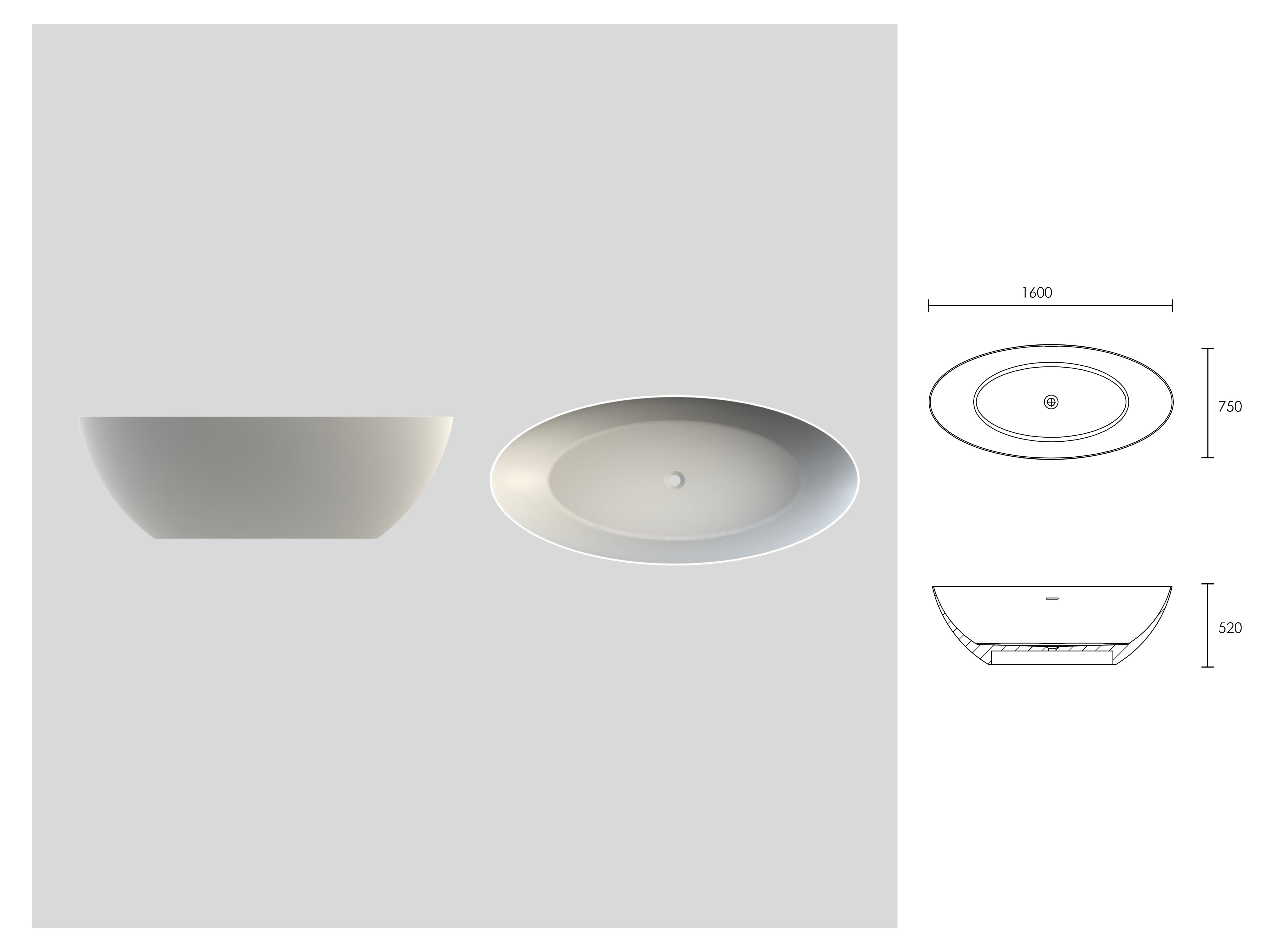 Organza Freestanding Stone Bath - Matte White / 1600mm