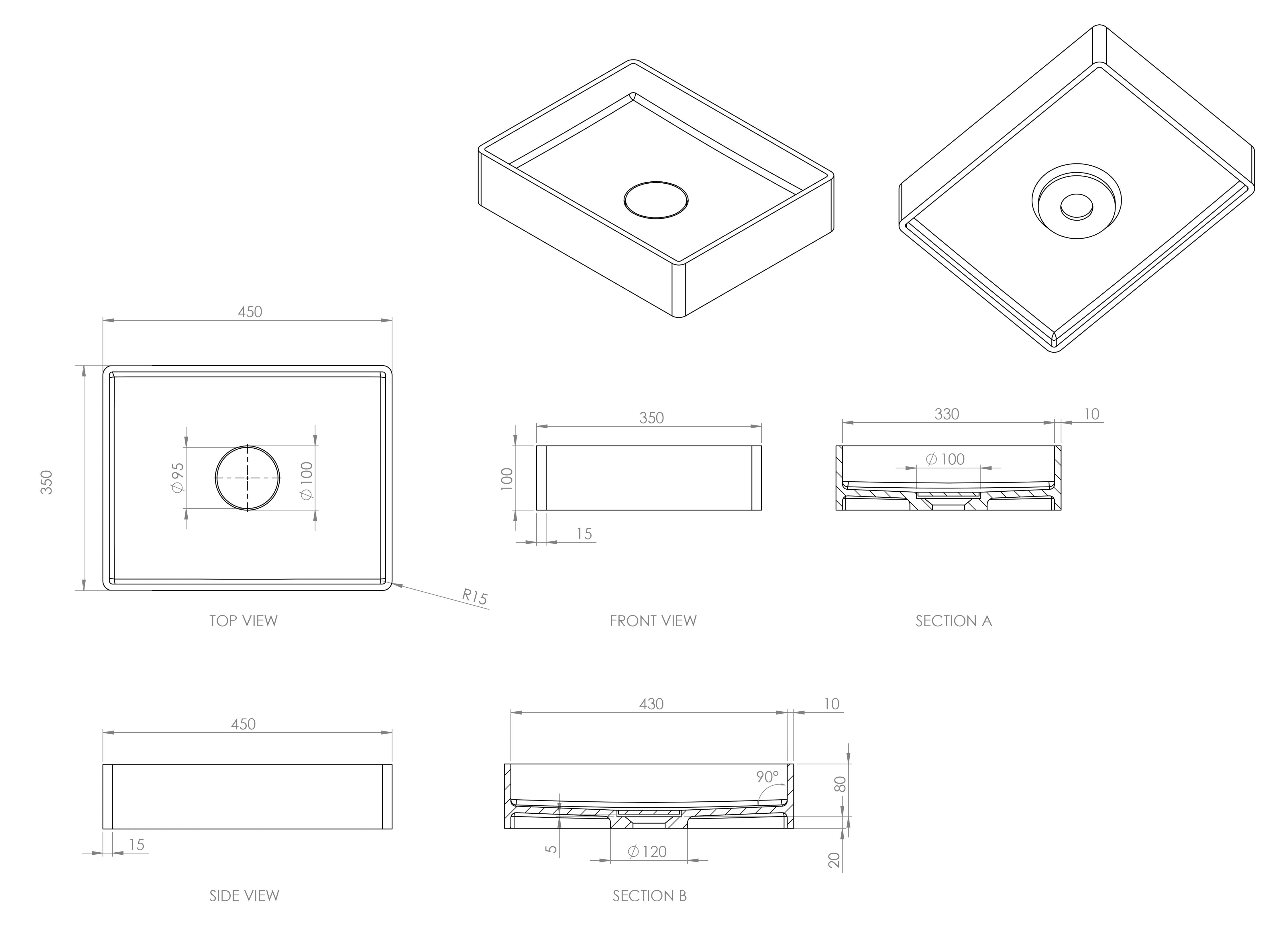 Retangollo Stone Countertop Basin - Matte White / 450mm
